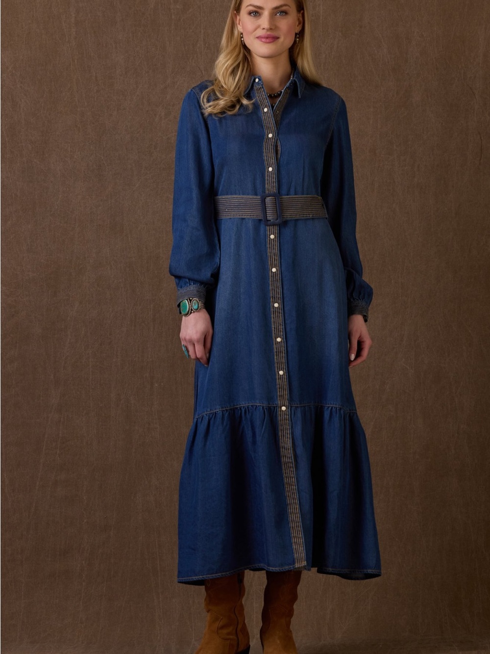 Double D Ranch Indigo Denim Button-Front Belted Maxi Dress with Contrast Trim.